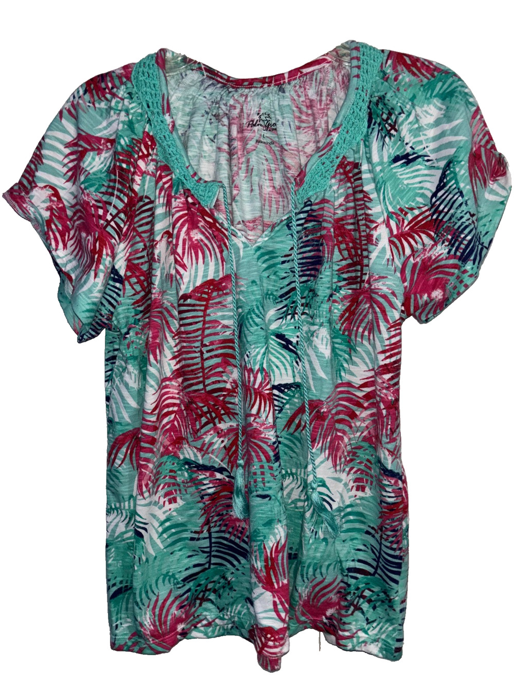 Palm Grove Tropical Palm Leaf Top Womens L Teal Pink Crochet Neck Tassel Blouse